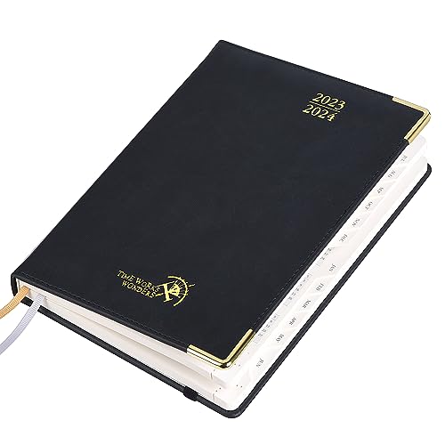 Poprun Daily Planner 2023-2024 One Page Per Day With Vegan Leather Hardcover - Agenda July 2023- June 2024 Hourly Appointment Book With Monthly Tabs, Inner Pocket, 5.5" X 8.5" - Black #TOP14