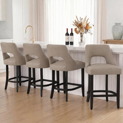 Image of UVV Bar Stools Set of 4, Upholstered Counter Height Bar Stools, Modern Counter Stools with Wood Legs for Kitchen Island Dining Room Bar, Khaki-Black Legs