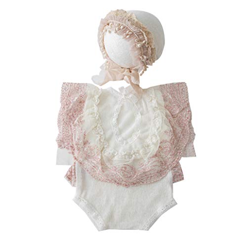 Newborn Photography Props Baby Girls Outfits,Baby Photo Props Soft Lace Hat Romper Bodysuits Set (Light Pink)