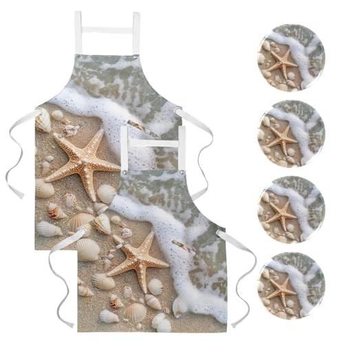 Lot de 2 tabliers de cuisine avec 4 broches et imprimé étoile de mer