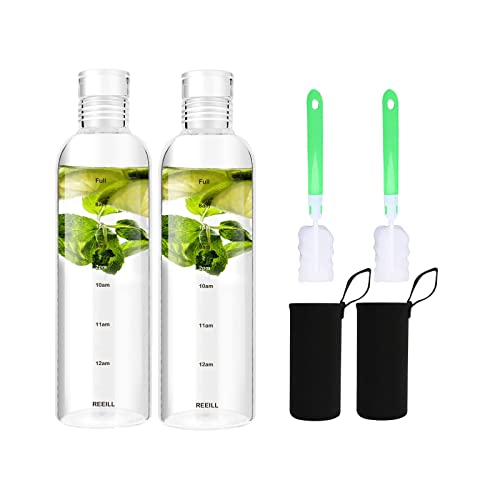Snminetal Glass Drinking Water Bottles，With Time Marker，Non-slip Sleeve And seal Lids, Drink Water Bottle 17 Oz，Suitable for office, Car, home, travel Hiking, fitness, as a gift, etc (500ML2PCS)