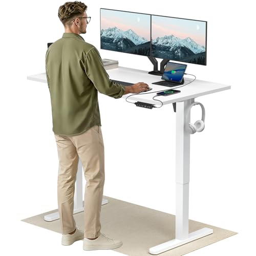 HUANUO Höhenverstellbarer Schreibtisch 140x80cm mit USB-C- & USB-A-Ladeanschluss, Höhenverstellbar von 72-118cm,4 Gedächtnis-Voreinstellungen, Kabelmanagement & Haken