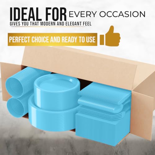 Image of Exquisite 350 Pcs Light Blue Plates and Napkins Party Supplies Plate Sets | Sturdy Plastic Dinnerware Set With 9 inch & 7 inch Plates, 12 Oz Cups, Lunch Napkins and Cutlery Serves 50 for Birthdays & Everyday