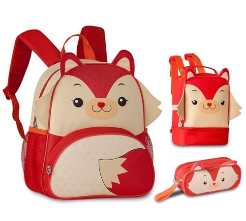 MOCHILA LANCHEIRA E ESTOJO INFANTIL FEMININO KIT ESCOLAR COMPLETO CLIO PETS RAPOSA (Laranja)
