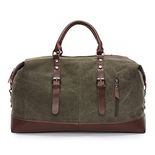 Army Green Weekender Overnight Bag Canvas Genuine Leather Travel Duffel Tote2
