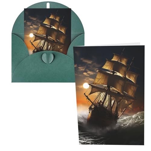 QMNSEHF 嵐の帆船 グリーティングカード 封筒付き Thank YouCard Happy Birthdayカード 女性用 男性用 クリスマス ハロウィン 結婚式 ブランク ノートカード あらゆる機会 グリーティングカード 4x6