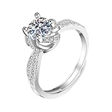 Daesar Anillos Promesa para Mujer con Flor y Redondo con Diamante Creado, Oro Blanco 9K, Talla 12(52mm), Anillo de Compromiso de Matrimonio Plata