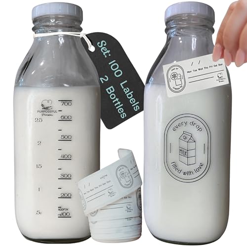 Image of Breast Milk Pitcher with Lid- Set of 2 & Labels-32oz Airtight Leakproof Breastmilk Storage Containers for Fridge- Easy Clean Durable Glass Bottle- Dishwasher Safe Formula Pitcher- Dissolvable Labels