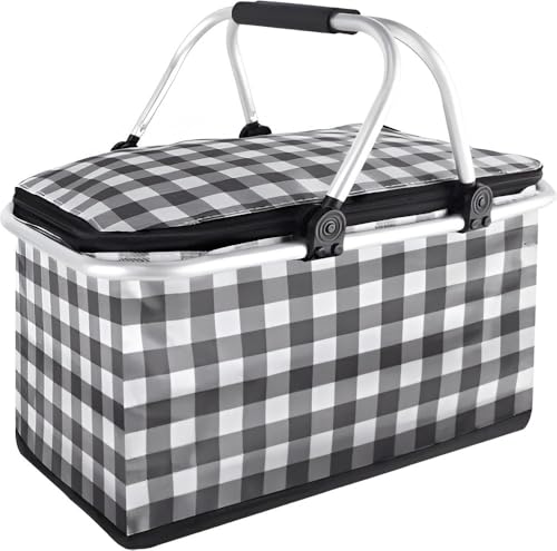 Image of Large Collapsible Picnic Basket with Lid - Foldable Insulated Food Storage Basket for Travelling, Outdoor Camping, Grocery Shopping & Picnic Use