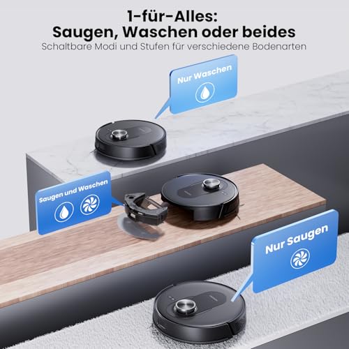 Proscenic Q8 Saugroboter mit Wischfunktion, 6000Pa 200min Staubsauger Roboter Leistungsstark Laser Navigation mit 5 Karten, Steuerung über APP Alexa Siri IFTTT Google für Böden Teppiche Tierhaare – Bild 4