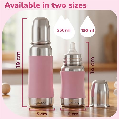 Image of Lifelong Stainless Steel Feeding Bottle 250 ML | Anti Colic with Silicone Sleeve | Food Grade SS304 Milk, Water Feeder Bottles for Newborn Baby with BPA Free Nipples | Leakproof, Durable Bottle (Pink)