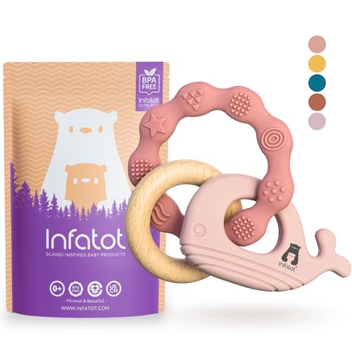 Infatot® Silikon-Beißring-Spielzeug für Babys von 0–6 Monaten – Wal-Okto – Baby-Beißspielzeug, Schnuller und Beißringe, BPA-freies sensorisches Baby-Kauspielzeug - Rosa und Lachs