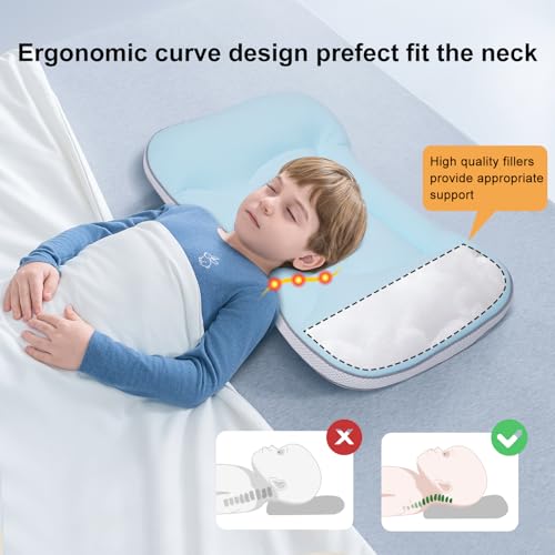 Image of Neck Support Toddler Pillow 12x20 Inch, Dual-Sided Cooling & Soft Pillow, Breathable Ice Silk and Cotton Blend, 2 Height Ergonomic Design, Machine Washable (Pink)
