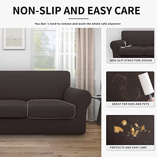 Image of Easy-Going Waterproof 3-Piece Oversized Loveseat Couch Covers for Sofa | 3-Piece Set Spandex Sofa Cover Slipcover Elastic Bottom Dog Pet Friendly Chocolate