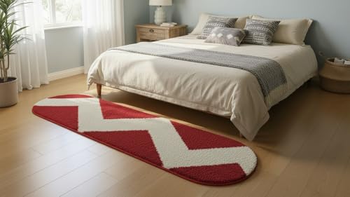 Image of Fluffy Silky Micro Fiber Polyster Carpet /Runner for Bedroom, Study Room, Playing Room, Guest Room ETC. 2x6 feet Feet, (Red and Ivory Chevron Pattern)