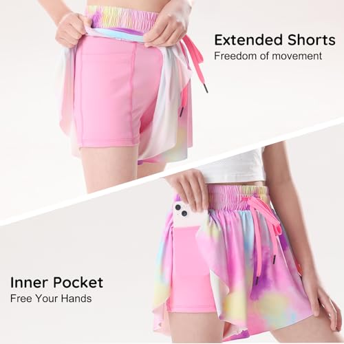Play Tailor Short feminino Butterfly Short atlético rodado 2 em 1 com cordão de bolso para corrida e