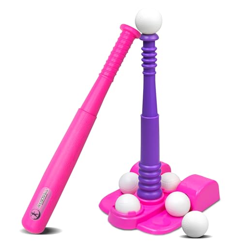 TOMLEON T Ball Stand for Girls 3-5, 5-8. Baseball Set Includes 6 Large Balls, an Adjustable Tball Batting Tee, and a Storage Net. Kids Bat and Ball, T-Ball Sets for Kids