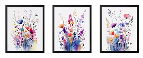 Poster Master 3-Piece Watercolor Flowers Poster - Colorful Wildflowers Print - Flower Art - Chic Gift for Her, Women, Florist - Floral Decor for Bedroom, Flower Shop, Bedroom, 16x20 Black Framed
