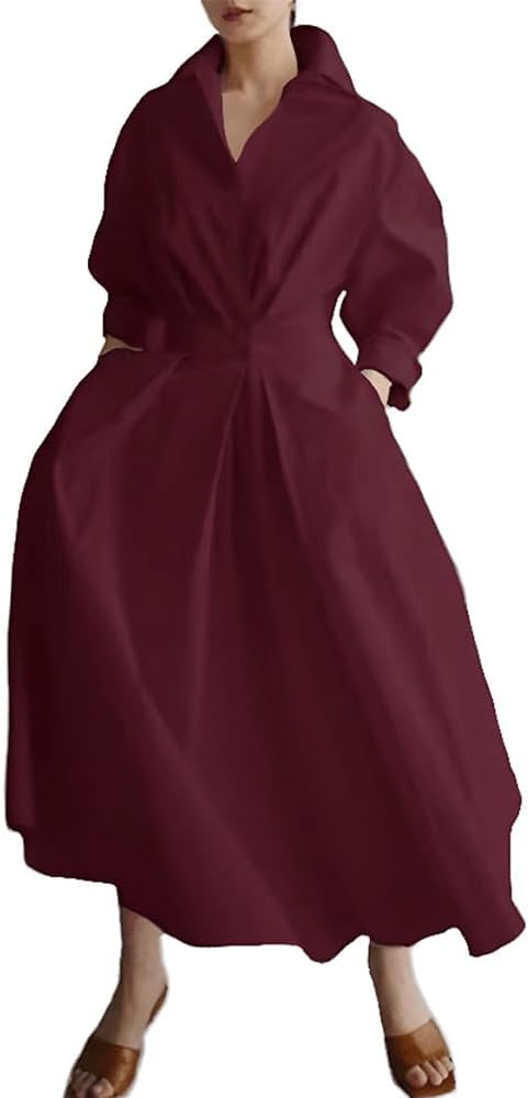 Women Maxi Polo Collar Shirt Dress Long Sleeve Elastic Button Waist Full Swing Casual Office Dresses with Pocket
