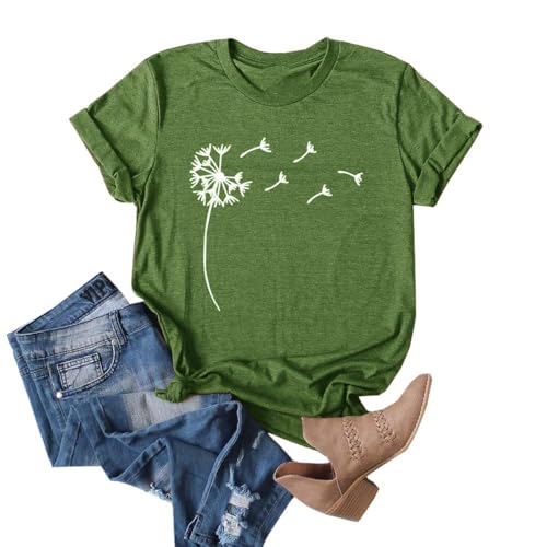 Cicy Bell Tops für Damen Pusteblume T-Shirt Grafische Löwenzahn Druck Rundhals Sommer Baumwoll Kurzarm T Shirts Grasgrün M