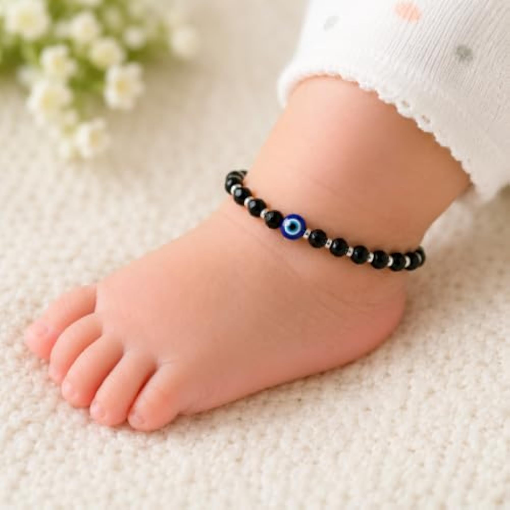 925 Sterling Silver Baby Double Evil Eye Anklet with Black Crystal Beads