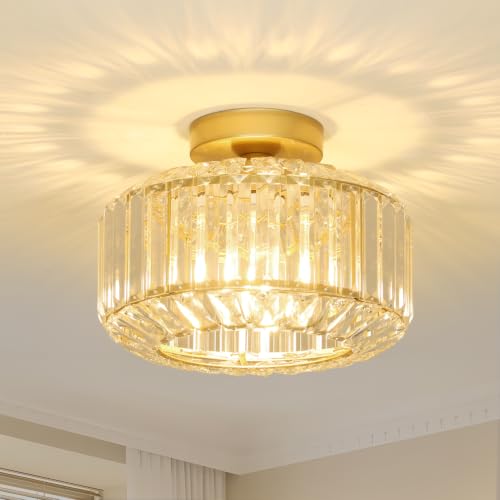 Image of Rayofly Modern Crystal Chandeliers, Gold Ceiling Light Fitting with Glass Lampshade, Semi Flush Lights for Living Room, Bedroom, Kitchen, Hallway, Bathroom
