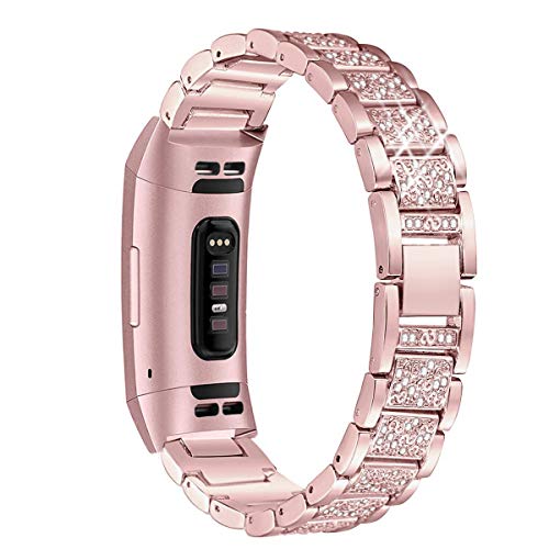 Mtozon Metal Bands Compatible with Fitbit Charge 3/Charge 4, Replacement Metal Rhinestone Bling Bracelet Wristband for Women, Rose Gold