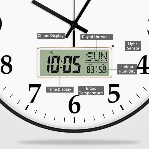 Image of Foxtop 14 inch Digital and Analog Wall Clock Silent Battery Operated Hour Chime