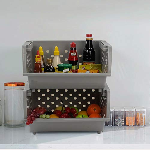 Leendines 4-Pack Large Plastic Stackable Storage Basket, Plastic Kitchen Stacking Baskets, Grey #TOP4