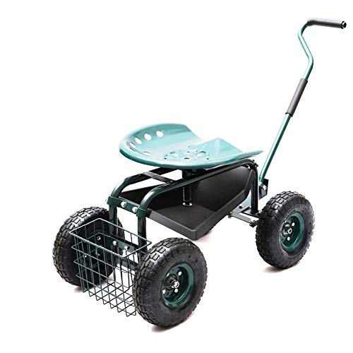 DKIEI Adjustable Rolling Garden Cart Work Seat Wheeled Stool Heavy Duty with Tool Tray & Basket & Handles Indoor Outdoor, Green