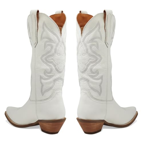 Image of LEHOOR Cowboy Boots Women Embroidered Mid Calf Western Boots Stacked Low Heel Pointed Toe Pull On Cowgirl Boot 4-11 M US
