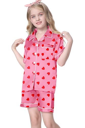 Image of Umeyda Women & Girls Pajamas Set, Soft Satin Lightweight Silk Button-Down Top with Shorts 2 Piece PJS for Mom Boys Kids Gifts