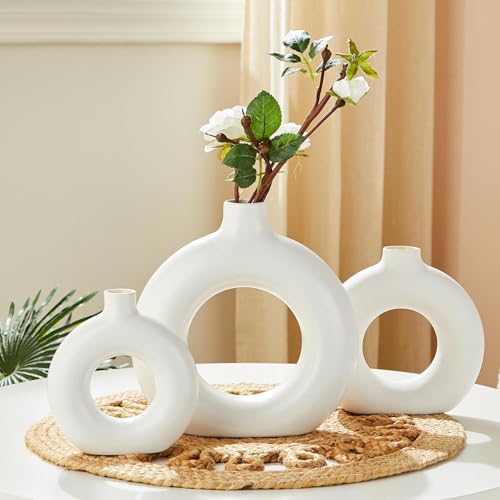 Image of Amazon Basics Modern Hand Crafted Ceramic Donut Shaped Vase|for Unique Home Decor (Pack of 3),White
