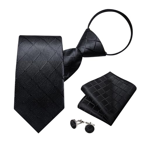 DiBanGu Silk Zipper Ties for Men Paisley Solid Plaid Pre-tied Tie and Pocket Square Cufflinks Set Formal Adjustable Necktie Dark Black