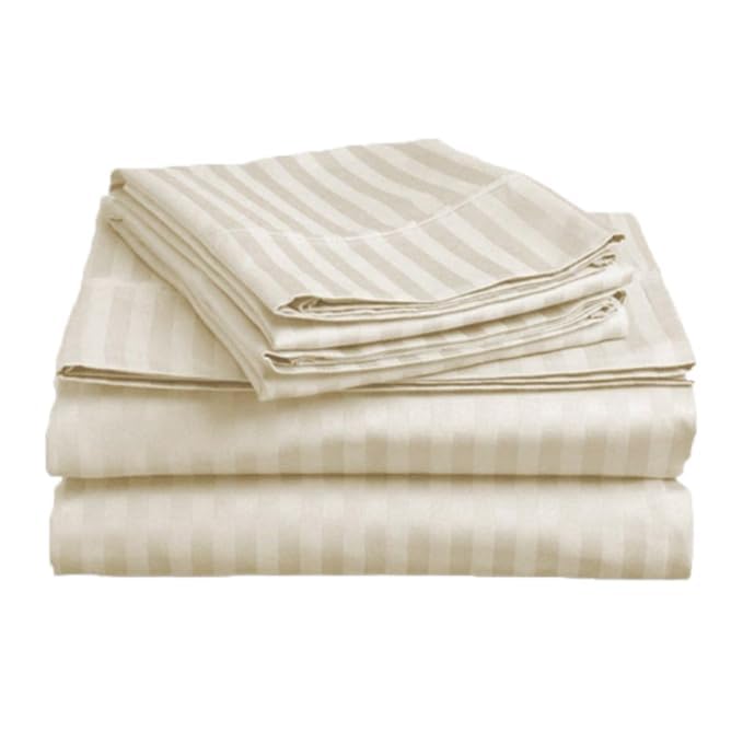 Image of DECOR2ADMIRE 300 TC Premium Glace Cotton All Round Elastic Fitted Plain Stripe Pastel Shades Queen Size Bedsheet with 2 Pillow Covers (Beige, Super King 108 inch x 108 inch)