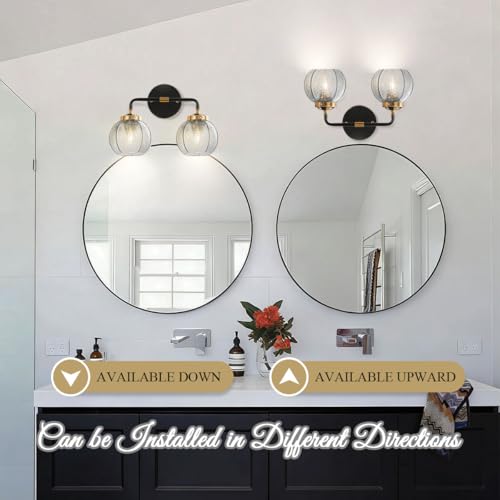 Image of Vintage Bathroom Vanity Light Fixture Modern Wall Sconce Over Mirror | Thick Glass Ribbed Smoky Gray Globe Lamp Shade Mid Century Black Gold Vanity Lights Fixtures for Farmhouse Dining Room above