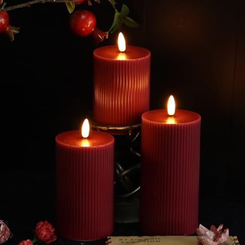 Image of 3 Pack Wax LED Flameless Candles with Remote Real Wax Battery Operated Electric Pillar Candle Set with Vertical Stripes 3D Black Wick for Home Party Wedding Decorations, Burgundy, D 3 x H 4 /5 /6 inch
