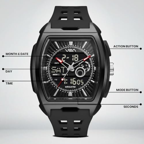 Image of V2A Impact 50mm Analog Digital Watch for Men | Tonneau Sports Case Design | Alarm Stopwatch Countdown Dual Time | TPU Strap | 50M Water Resistant | Gift for Men