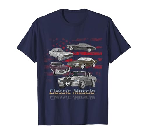 Image of Distressed American Flag USA Classic Muscle Cars Racing T-Shirt, Men, Navy Blue, Large