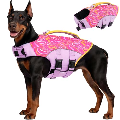Image of BRKURLEG Dog Life Jacket, High Buoyancy Dog Life Vest for Swimming Boating, Adjustable Reflective Pet Flotation Vest with Rescue Handle, Small Medium Large Dogs Lifesaver for Pool Beach, Purple L