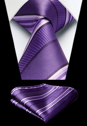 Image of HISDERN Mens Striped Ties Classic Silk Woven Tie and Pocket Square Set Formal Business Necktie Handkerchief for Wedding