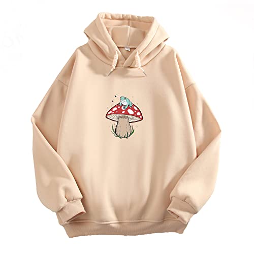 MEJOTAUS Women Cute Frog Hoodies Kawaii Mushroom Sweatshirt Teen Girl Indie Clothes Aesthetic Soft E Girl Pastel Pullover (Apricot,L)