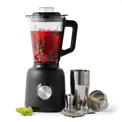 Salter Glass Jug Blender & Cocktail Making Set, 1.5L, 2-Speed & Pulse Ice Crushing Mixer, Mocktail & Smoothie Maker, Includes 20 Recipes, Shaker, Strainer & Jigger, 800W EK5245
