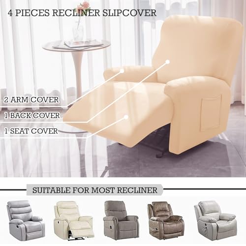 Image of HOKIPO 'SereneSolids' 140 GSM 4-Pieces Super Stretch Recliner Chair Cover 1 Seater Fully Covered Washable Furniture Protector, Beige (NEW-4740-BGE)