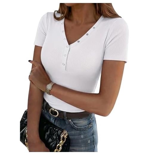 Aottori Basic Shirt Damen Kurzarm T-Shirt V-Ausschnitt Sommer Oberteile mit Knöpfen Slim Fit Kurzarmshirt Eng Tops Elegant Weiß S