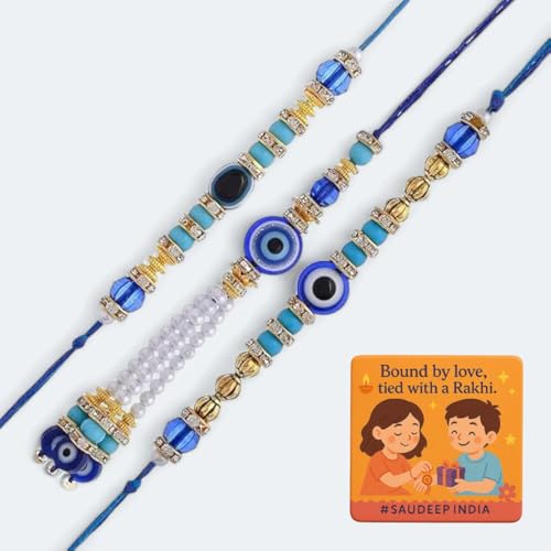 Image of Saudeep India Fridge Magnet with Rakhi Combo Gift Set of Evil Eye Lumba Couple Rakhi for Bhaiya Bhabhi & Brother | Travel Souvenir | Refrigerator Magnet