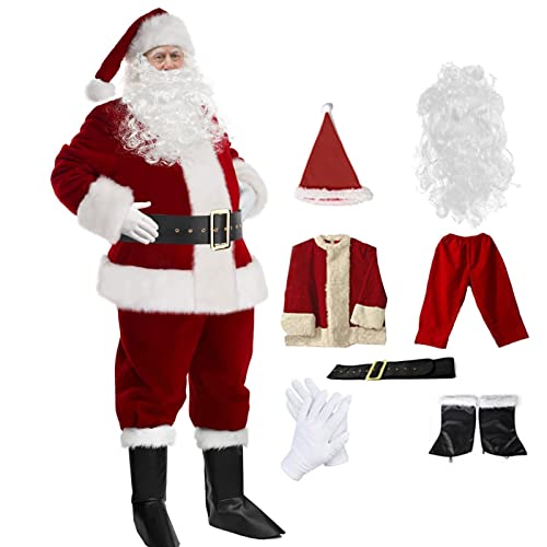 Costume Déguisement Père Noel Adulte 7 Pièces Tenue De Déguisement Complète De Noël pour Adultes | Costume De Père Noël Cosplay avec Chapeau, Soirée À Thème Barbe, Carnaval Cover
