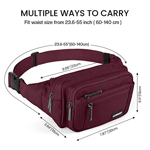 CXWMZY Fanny Packs For Women & Men Waist Pack Hip Bum Bag with Multi-Pockets Large Capacity Waterproof Casual Bum Bag for Disney Traveling Casual Cycling Running Hiking (Wine Red)