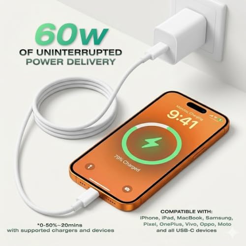 Image of Arch 60 Type C to Type C Cable [1M, White], 60W PD Fast Charging Finely Braided Slim Cord for iPhone 17 /16 /15, Samsung S26 /S25 /S24, iPad, MacBook, Google Pixel, Laptops & Tablets