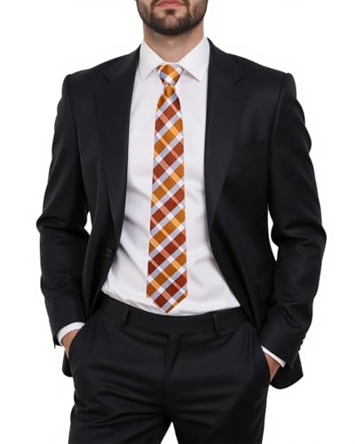 Image of Hi-Tie Mens Grey Orange Zipper Ties Plaid Adjustable Pre-Tied Necktie Lapel Pin Pocket Square Cufflinks Set